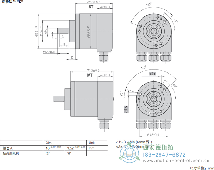 AC58-CC-Link光電絕對值通用編碼器外形及安裝尺寸(夾緊法蘭K) - 西安德伍拓自動化傳動系統有限公司