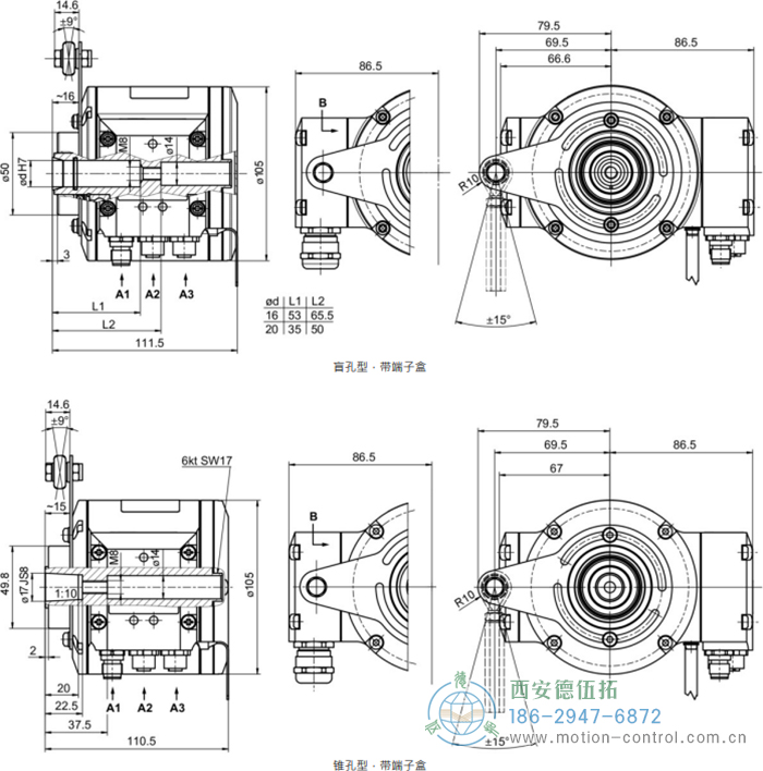 HMG10P-B - EtherCAT絕對值重載編碼器外形及安裝尺寸(盲孔型或錐孔型) - 西安德伍拓自動化傳動系統有限公司